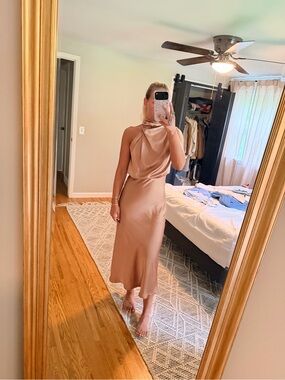 Billy J Esther Draped Halter Midi Dress in latte brown